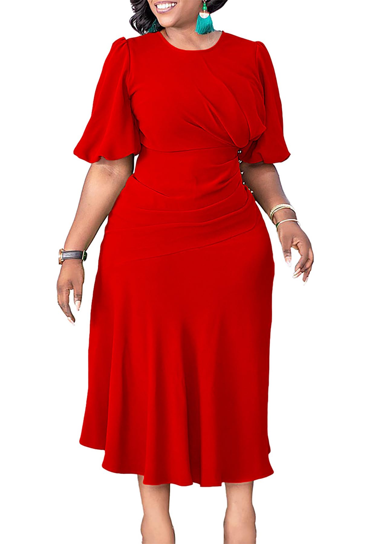 NRTHYE Women's Elegant Work Dresses Pleated Summer Short Sleeve Fit and Flare Church Midi Dresses