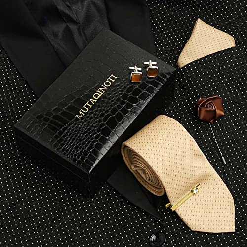 Image of MUTAQINOTI Mens Woven Premium Silk Necktie Suit Accessories Set With Pocket Square Cufflinks Brooch Golden Tie Pin (TEGP2)