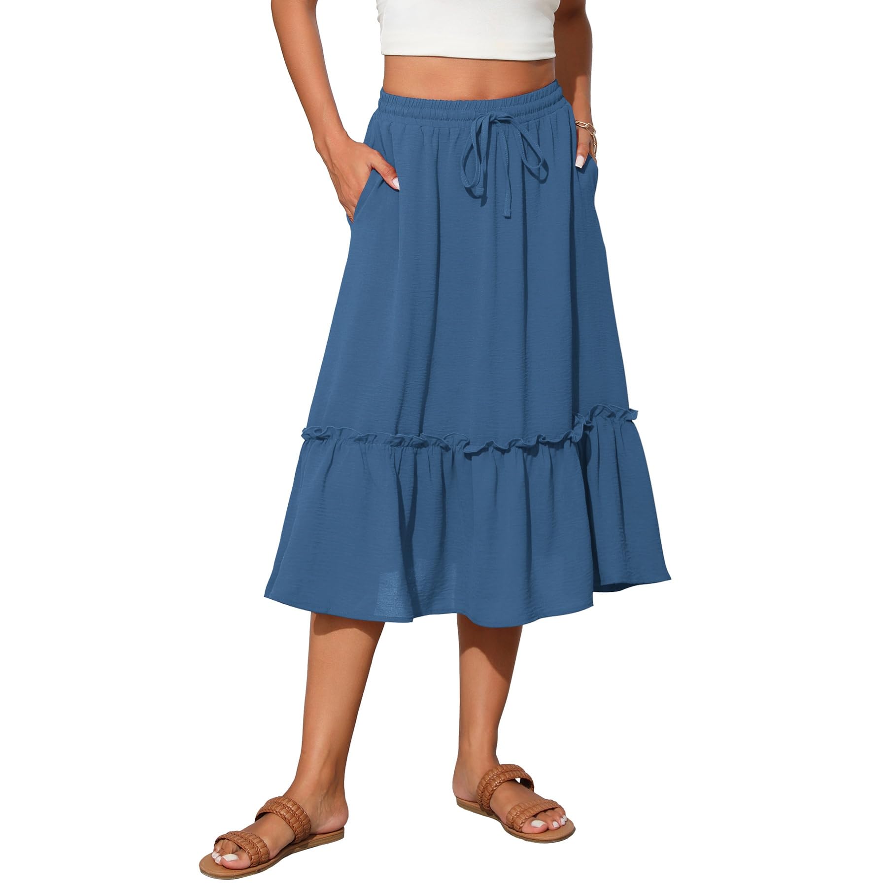 Witsmile Womens High Waist Tiered Midi Skirt Flowy Long Length with Pockets