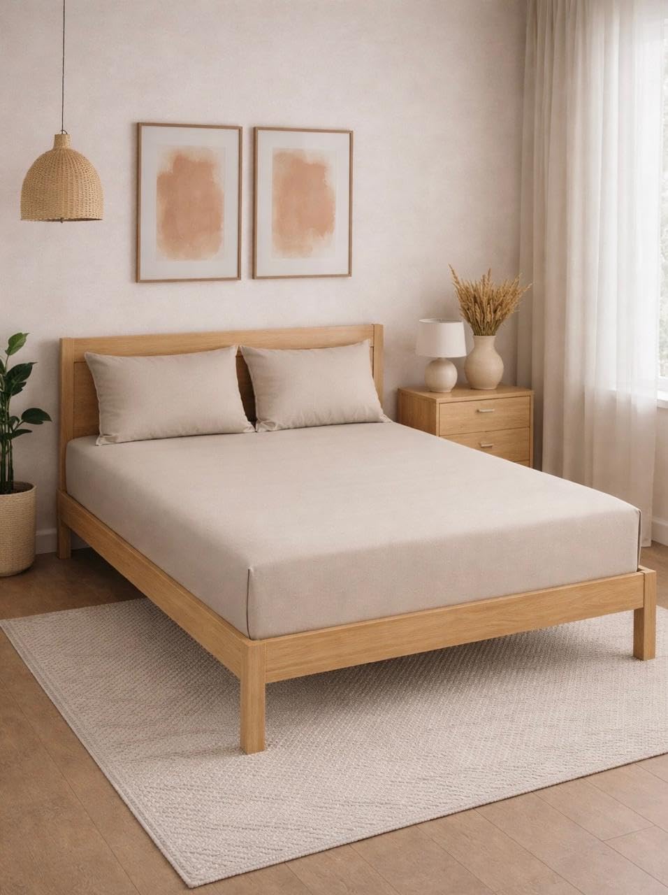 THE HOME STYLE Solid Plain Cotton Feel Fitted Bedsheet King Size (72x78 inches) | 2 Pillow Covers | 300 TC | Elastic Fit | Fits Upto 8 Inch Mattress (Vanilla)