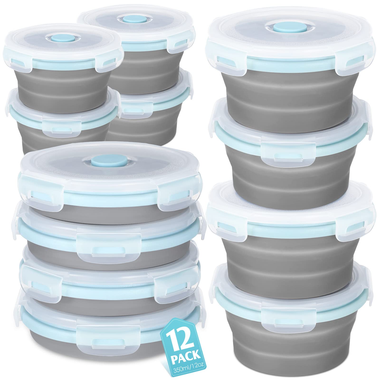 12 Pack Silicone Collapsible Food Storage Containers 12 oz Collapsible Container Bowls with Lids Vent for Operation Christmas Christian Charity Donation(Blue Edge Gray)