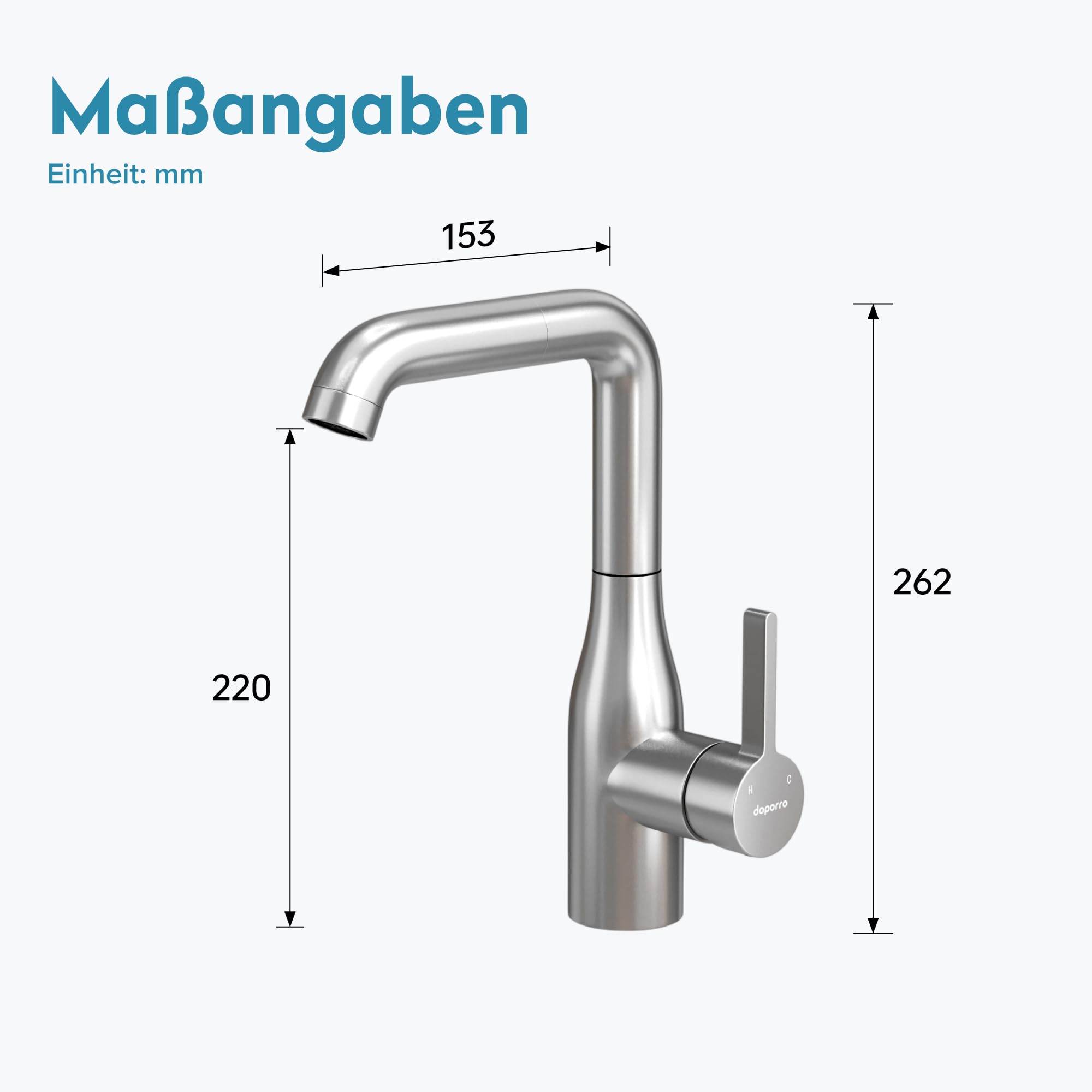 doporro Grifo de Cocina Extraíble en Acero Inoxidable 304, Plata Cepillada, Cartucho Cerámico de Alta Precisión, 2 Modos de Chorro, Altura 26 cm, Turnix-04