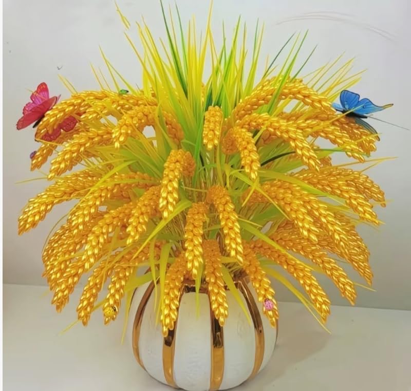 8 Pcs Artificial Yellow Rice Spike, Handmade Wheat Stems, Faux Rice Ears for Home Decor, Living Room Table Centerpiece Decor (No Vase Included)