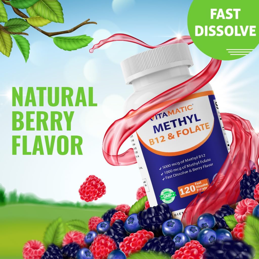 Vitamatic Methyl Folate & B12 Supplement with Pyridoxal 5 Phosphate (P-5-P) - Promotes Cardiovascular Health & Energy Metabolism - 120 Fast Dissolve Tablets - Non GMO & Gluten Free-2 Pack