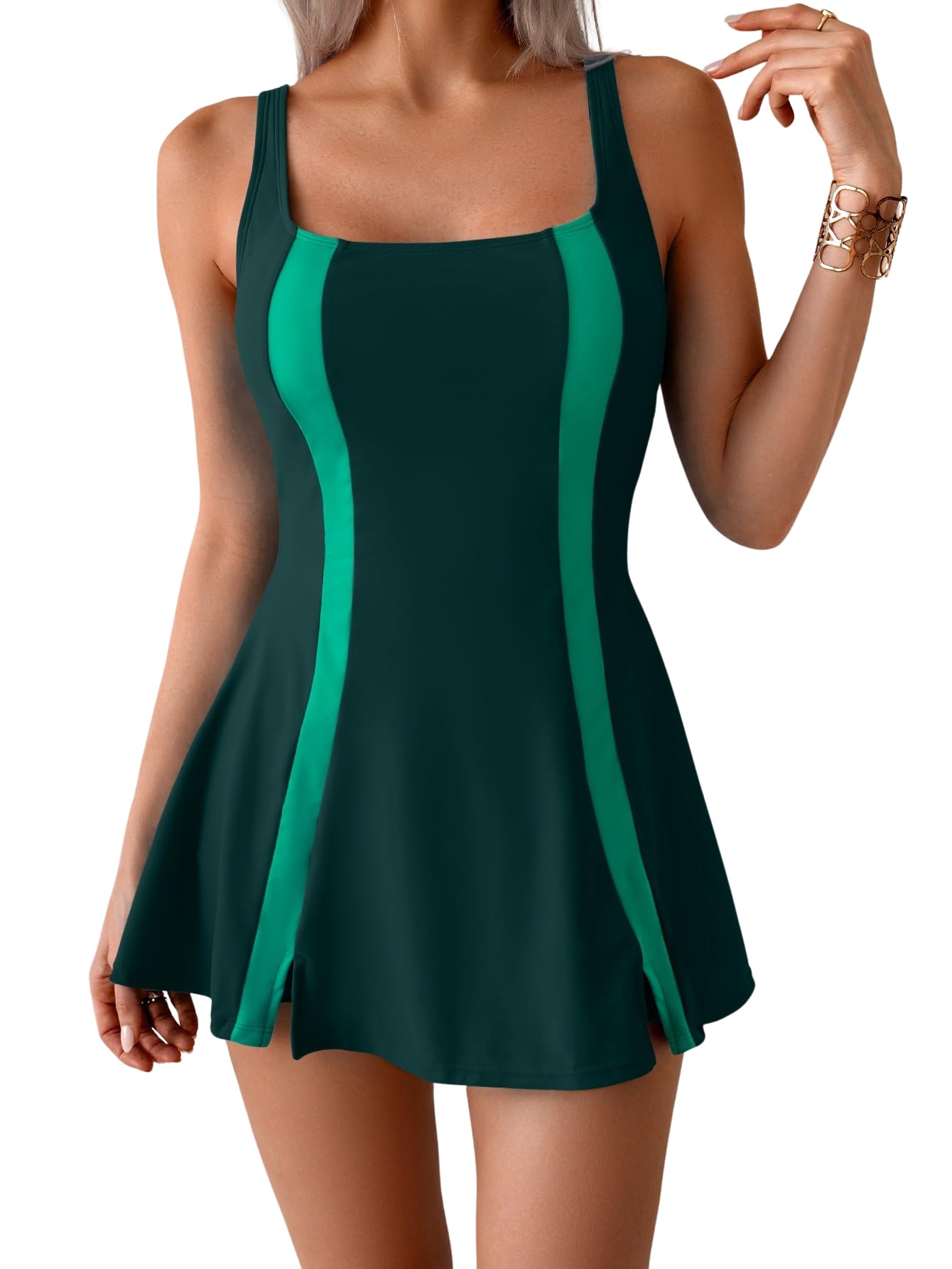 Aidonger One Piece Swimdress Tummy Control Swimsuit for Women Color Block Bathing Suit Skirt Modest Swim Dress