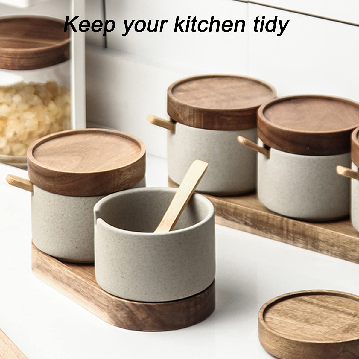 Tarros de almacenamiento de especias, tarros de especias, recipientes for condimentos, juego de condimentos, ollas de cerámica con cucharas, bandeja for servir y tapas de bambú, ideal for té suelto, e