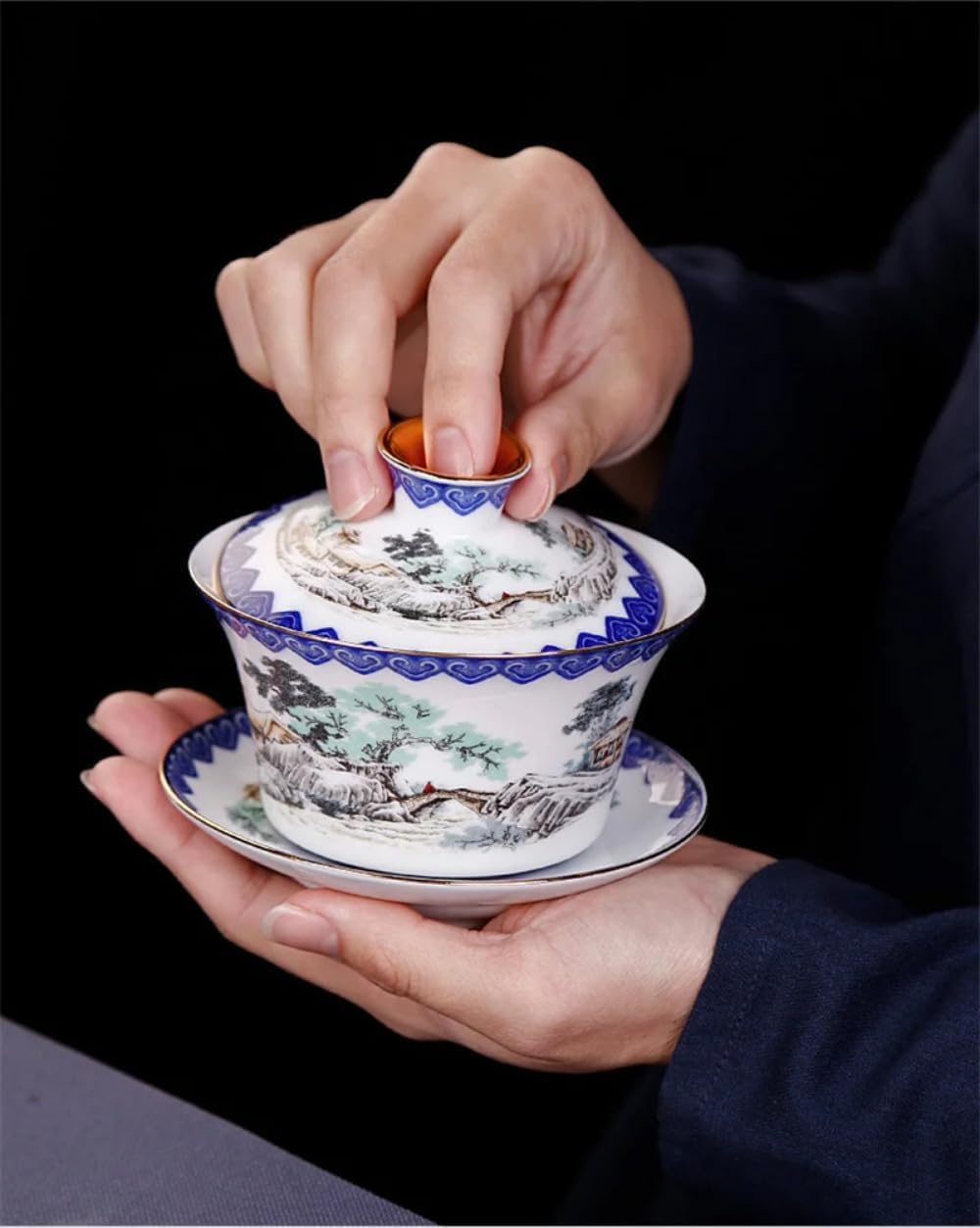 Zestaw herbaty Gaiwan, 300ml Blue and White Tea Tureen Landscape Tea Cup GaiWan Kung Fu Tea