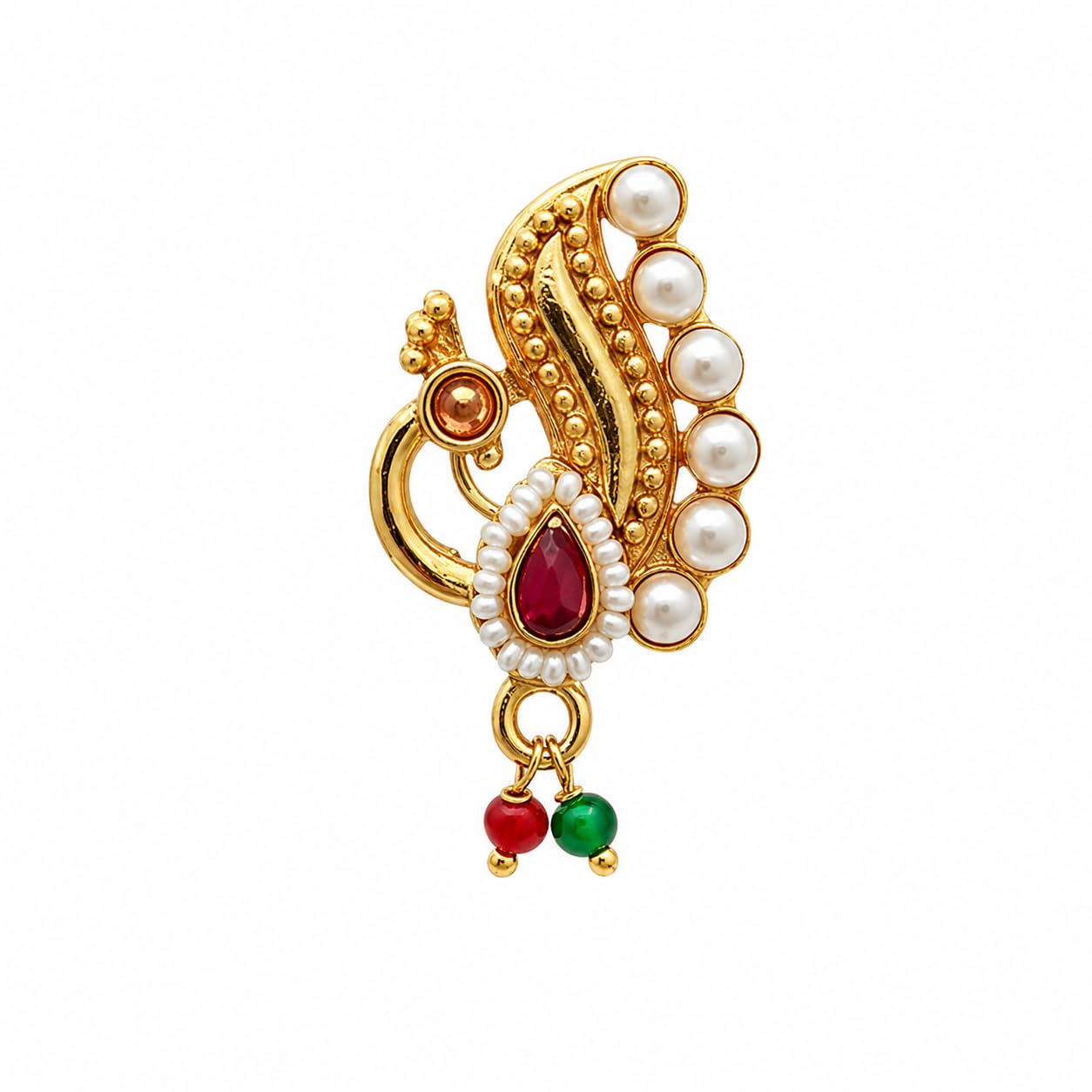Traditional Peacock Nose Pin Gold-Plated Pearl & Ruby Stone Nose Ring for Women, Bridal Ethnic Style, Floral Pattern-picture-43