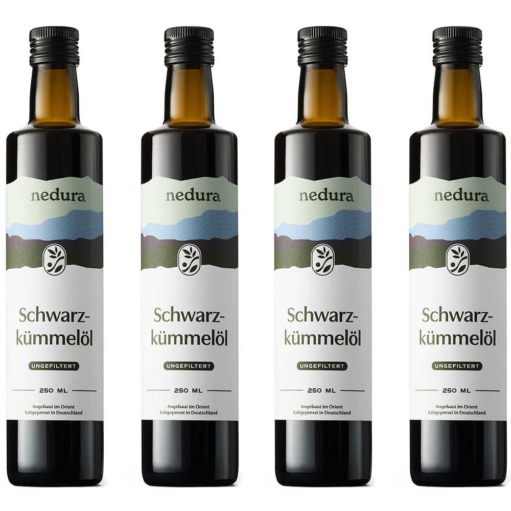 nedura® Schwarzkümmelöl kaltgepresst (ungefiltert) 4x 250ml – mit hohem Thymochinongehalt - 100% naturrein, zertifiziert - täglich frisch & schonend gepresst - direkt aus eigener Manufaktur