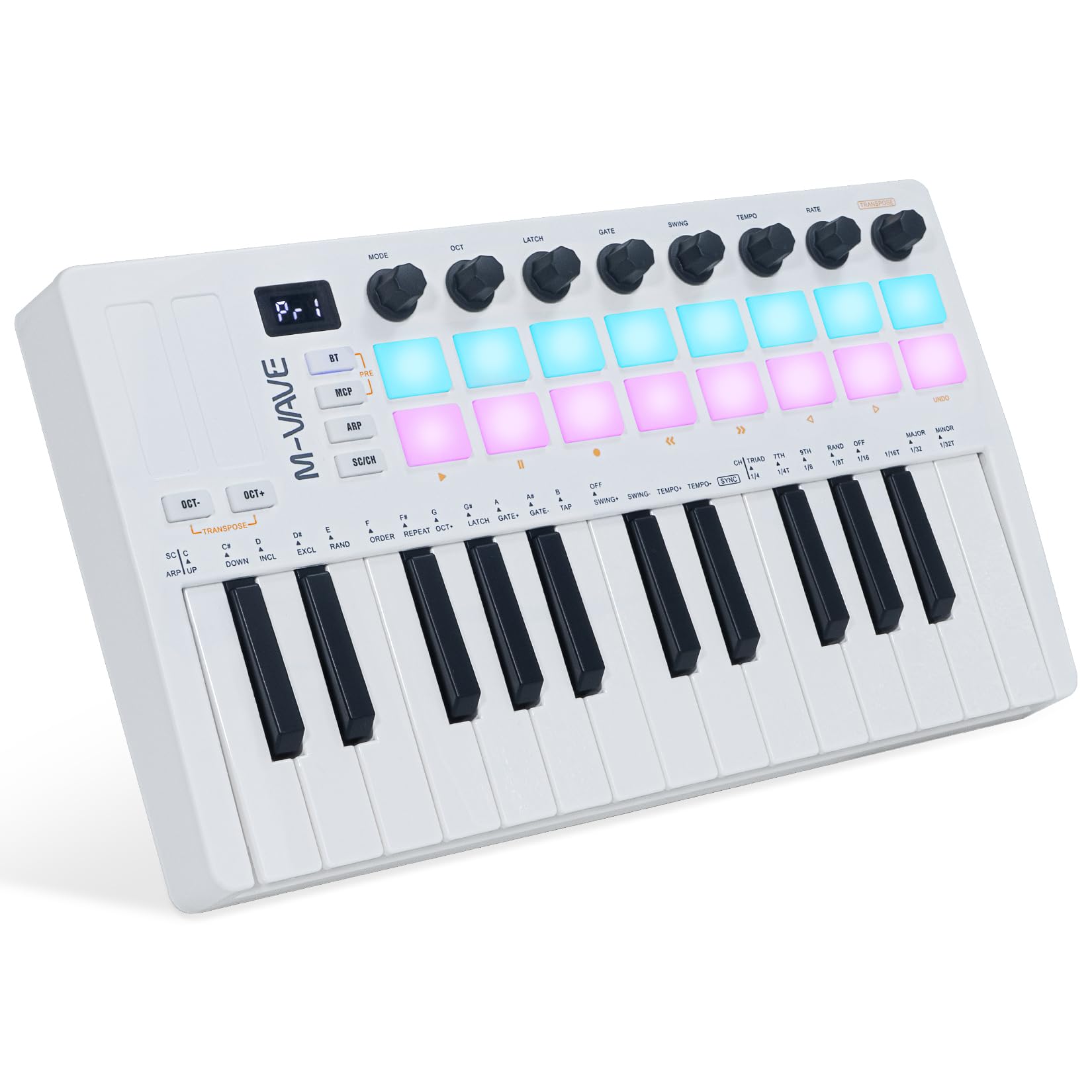 M-VAVE 25 Tasten 16 Backlit Drum Pads MIDI Keyboard - Professioneller Beat Maker und Keytar für Keyboard Musikproduktion Builtin Battery Wireless Connect Weiß