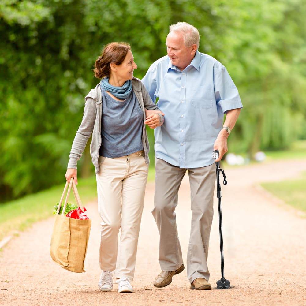 Bastone da passeggio pieghevole, con luce a LED e allarme, portatile, leggero, pieghevole, per uomini e donne, impugnatura ergonomica, base quadrupla, uso quotidiano per anziani e adulti