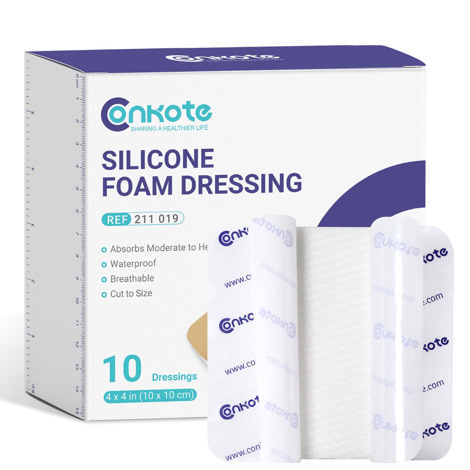 Conkote Silicone Foam Dressing Without Border 10 Pack, FSA or HSA 4"x4" Highly Absorbent Adhesive Wound Bandages for Post-Operative, Pressure Ulcers, Diabetic Foot Ulcers, Venous Leg Ulcers