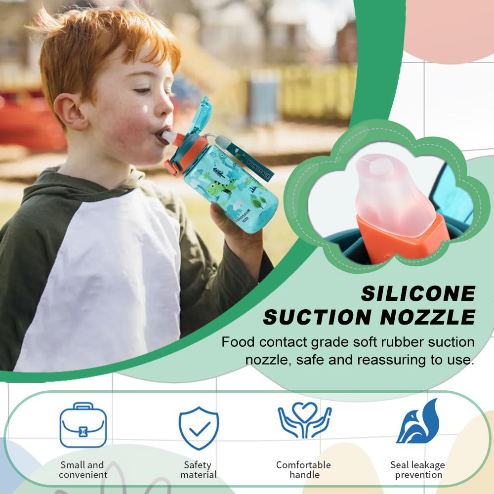 Botella Agua Niños, 600 ML, Robusta, a Prueba de Fugas, Sin BPA, con Apertura de un Solo Toque, Fácil de Limpiar, con Pajita, Ideal para La Colegio y el Exterior (Dinosaurio)
