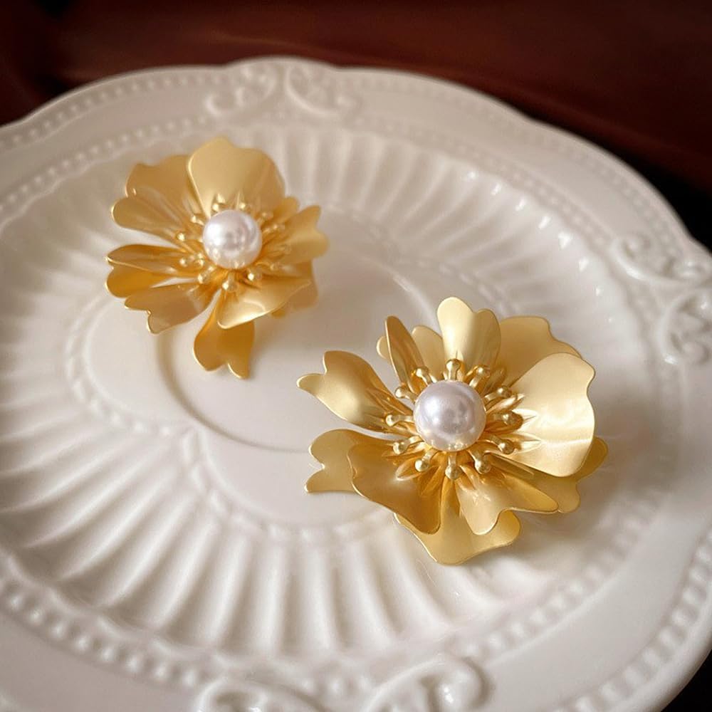 Dainty 14K Gold Big Flower Stud Earrings for Women,Exaggerate Vintage Pearl Floral Drop Dangle Earrings,Striking Prom Wedding Jewelry Gifts for Bride - Image 4