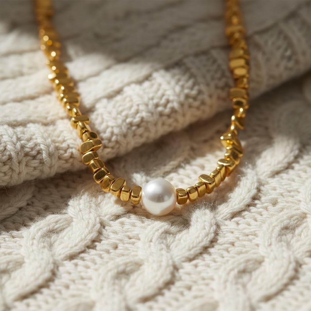 Elegant 18K Yellow Gold Plated over Stainless Steel Beaded Synthetic Pearl Necklace, Beach Boho Style Statement Jewelry for Women, 16-Inch Length with a 2-Inch Extension, Tarnish Resistant - Image 5