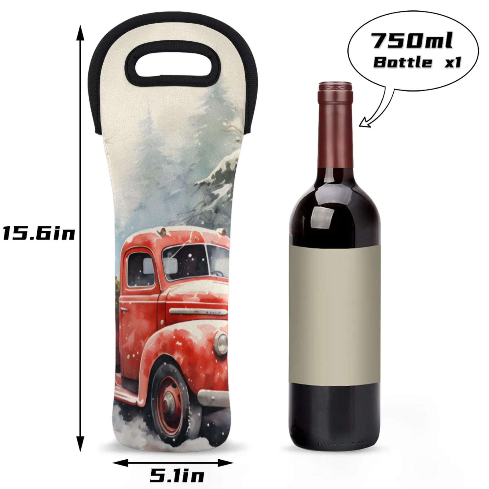 Neoprene Wine Tote Carrier Bag for Wine,Water, Champagne, Beer, Baby Bottles 15.6 x 5.1 Inches, Protective Wine Bag,Snow Red Truck