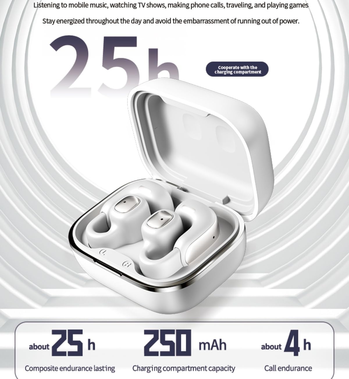 Micool Touch Screen Ear Clips Headphones Bluetooth 5.4, Open Ear Earbuds Wlreless with 25H Playtime, TF Card Clip On Bluetooth Earphones with Full-Color Display (White)