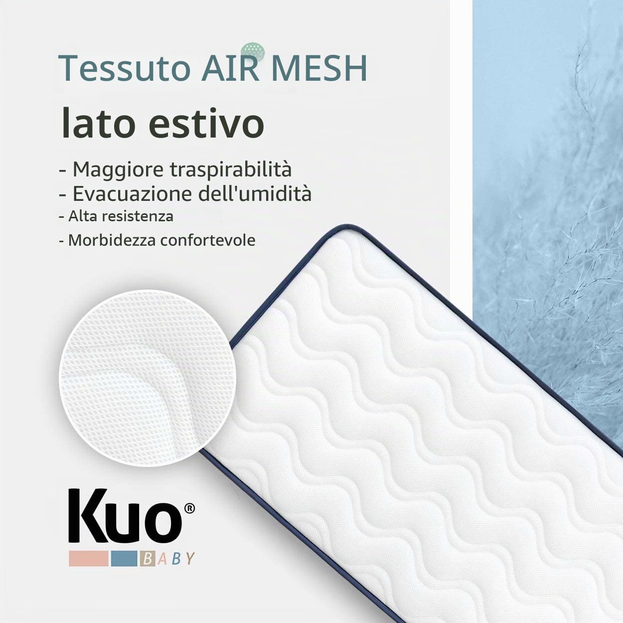 KUO Baby - Materasso per Culla Baloo | Materasso in Schiuma e Viscoelastico | Reversibile, Igienico e Traspirante | 80 x 50 cm