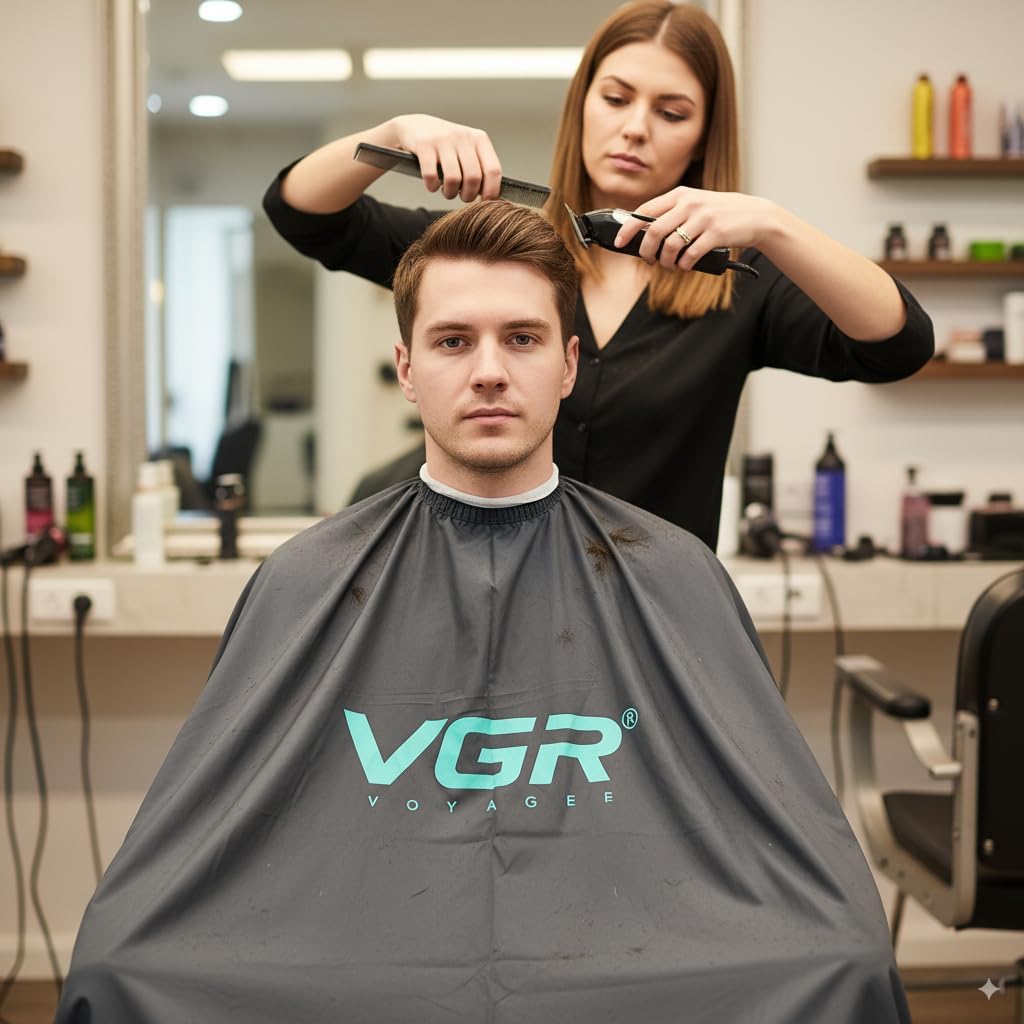 VGR Professional Barber Cape, Waterproof Hair Cutting for Men with Elastic Neckline Adjustable Closure Barber Accessories, Unisex Nylon Material Hair Stylist Apron, for Home and Salon, Black
