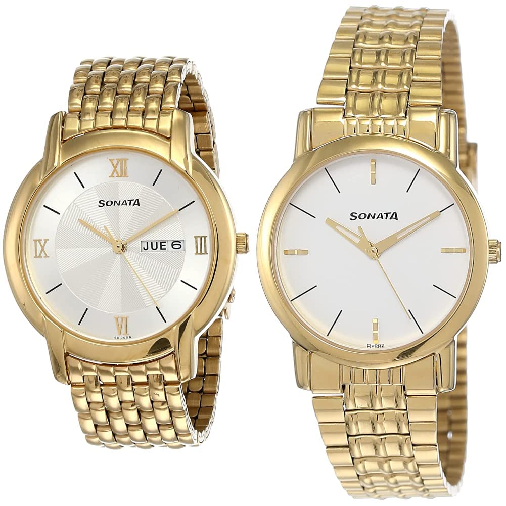 Sonata Men Stainless Steel Analog White Dial (Nk7954Ym01 + Nk7987Ym05W) | Rakshabandhan Gifts, Band Color-Gold (B07N37KBPV) Amazon Price History, Amazon Price Tracker