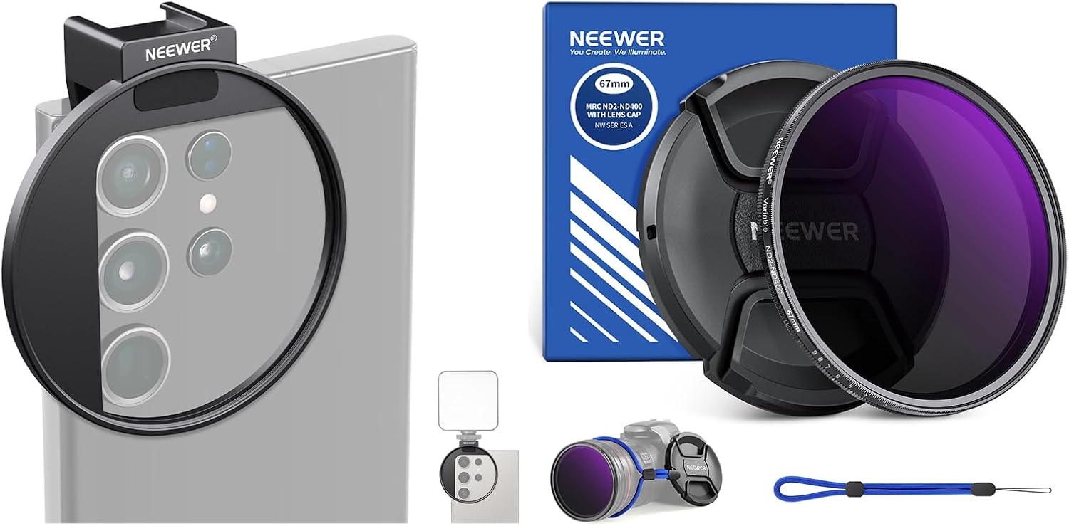 NEEWER Upgraded 67mm Phone Filter Mount Threaded Lens Filter Clip w/Cold Shoe Mount and 67mm ND2-400 (1-9 Stops) Variable ND Filter with Lens Cap, Lanyard, Cleaning Cloth
