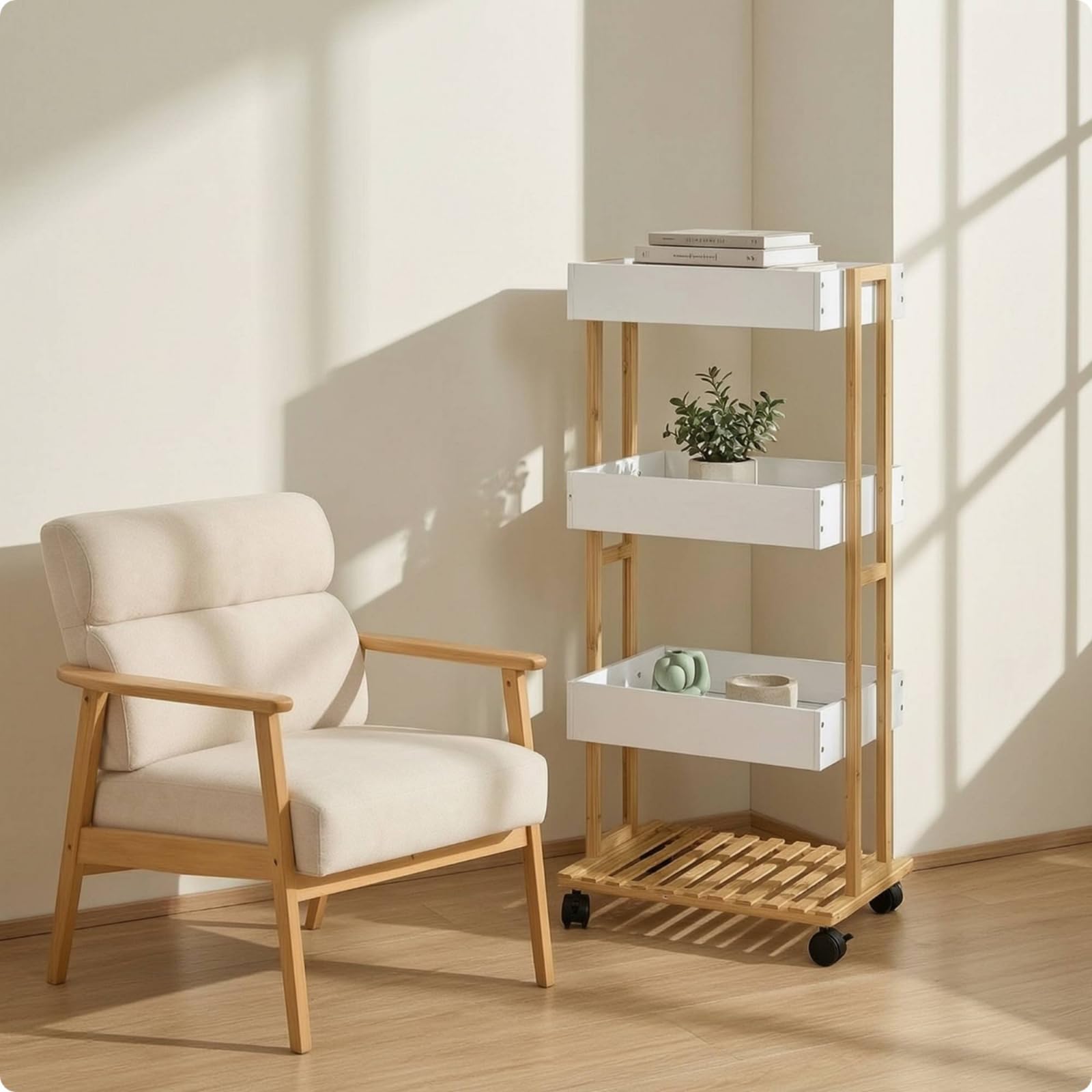 Amagogo Carrello Portasciugamani in Bambù con Ruote Carrello Multiuso Scaffale Verticale Carrello da Servizio Vassoi Rettangolari in Plastica E Ripiano