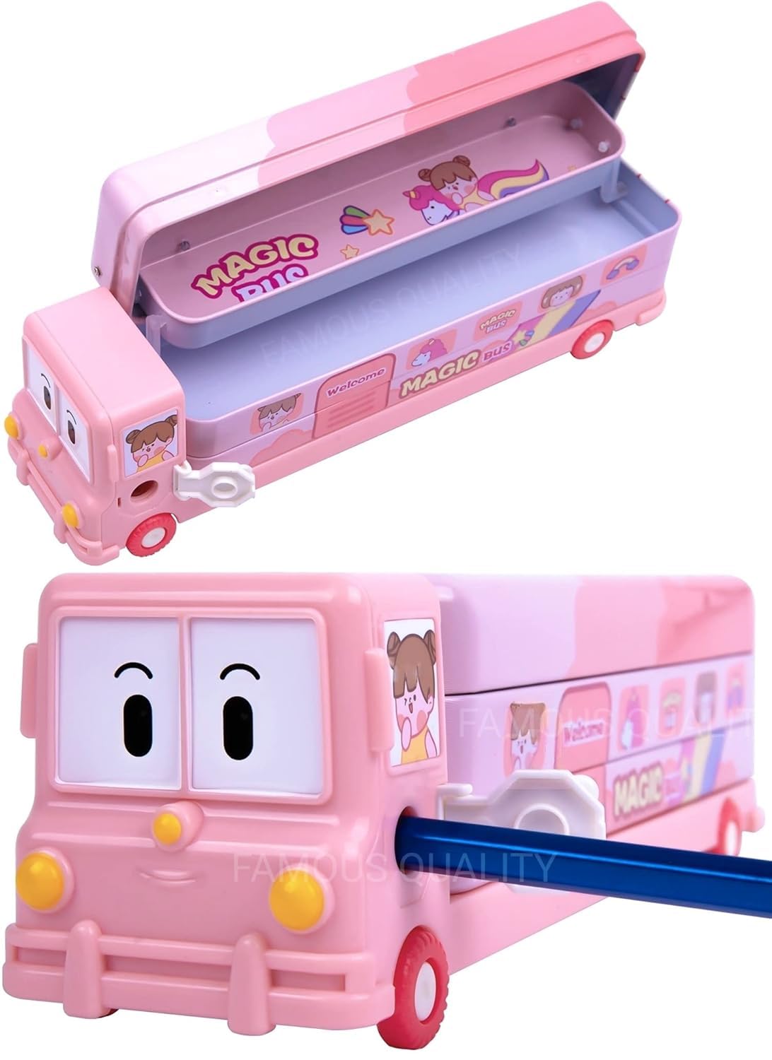 Magic Bus Pencil Case for Kids, Pink, Bus-Shaped Geometry Box with Storage Compartments-image-37