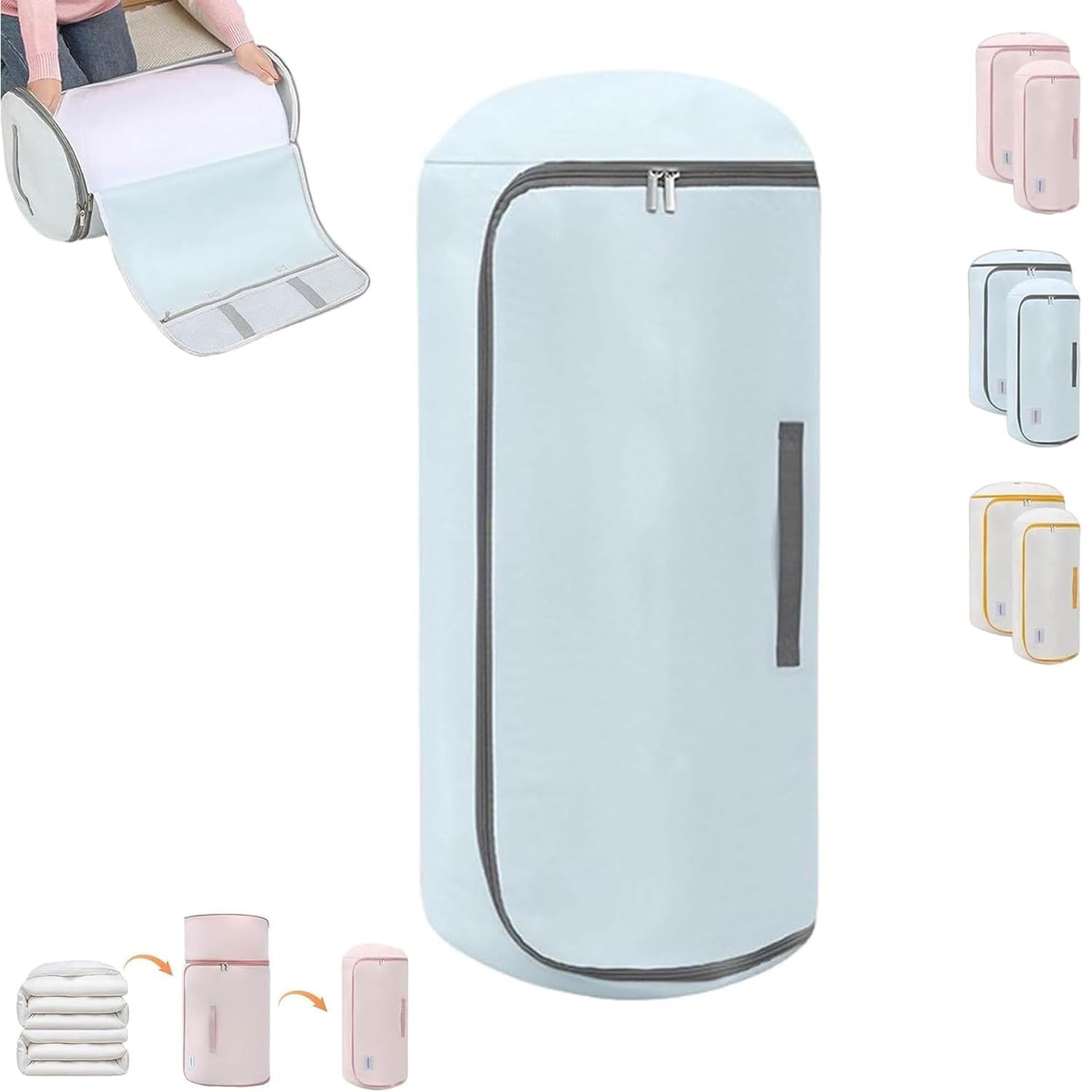 Saving Roll up Self Compression Organizer, Ultra Space Saving Self Compression Organizer, Cylindrical Large Capacity Zipper Compressible Storage Bag for Bedding Blanket Duvet (Blue,L)