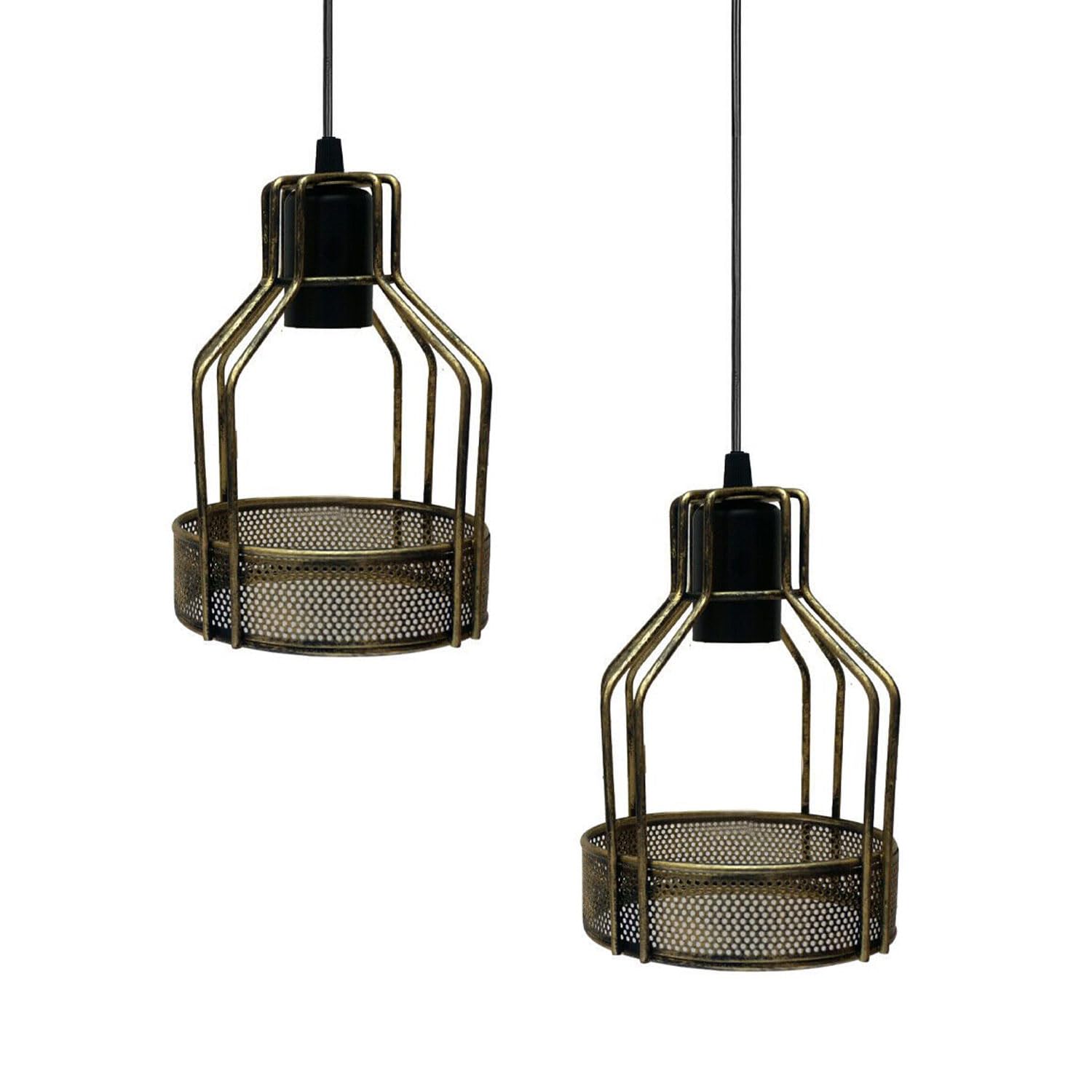 Vintage Industrial Metal Easy Fit Wire Cage Ceiling Pendant lamp Shades Ceiling Lighting Pendant Lights for Dining Room, Bedroom and Hallway (Brushed Brass Bird Cage 2 Pack)