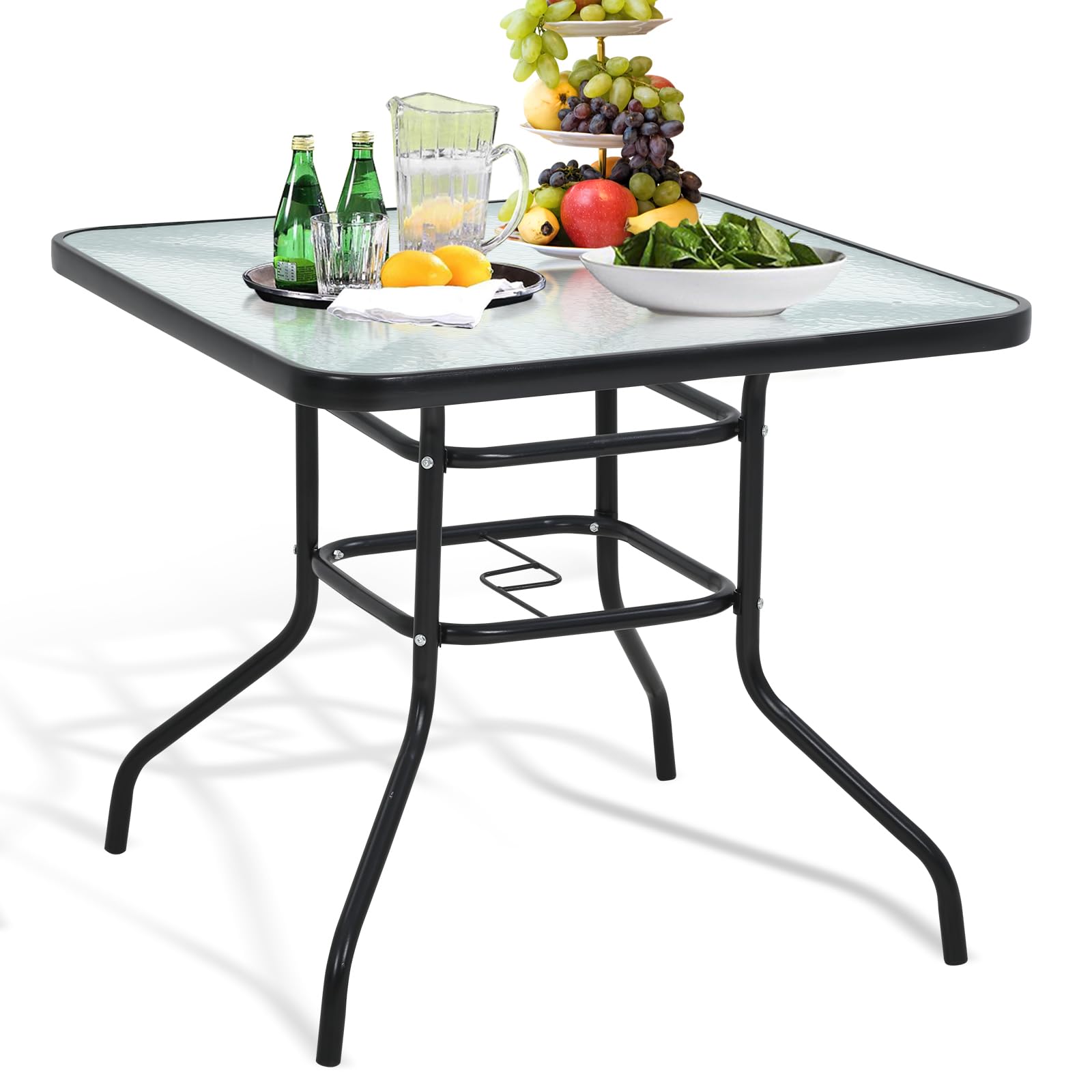 Dkeli Outdoor Table 31.6 Square Bistro Table with Umbrella Hole Tempered Glass Metal Patio Table for Outside,Indoor,Poach, Black