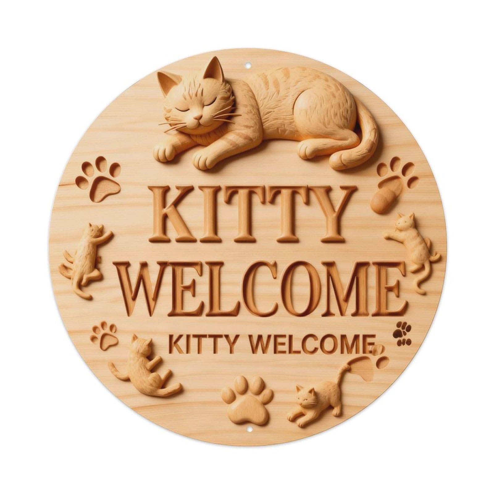 Cat Face With Paws And Text Round Metal Tin Sign Vintage Wall Decor, Bar Garage Cafe Kitchen Home Wall Art Poster 8x8inches