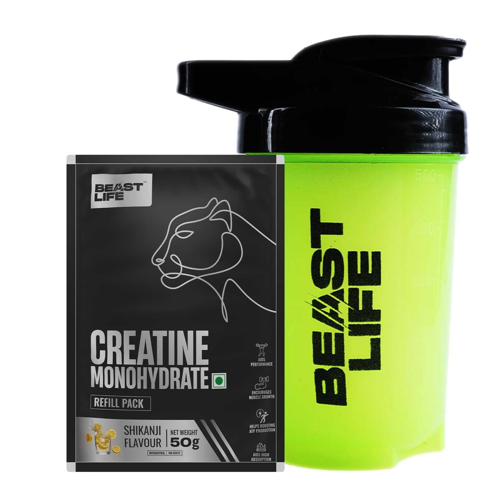 Beastlife Pure Super Micronised Creatine & Shaker Pack | 50 g | 13 Servings | Shikanji | NABL Lab Tested | Rapid Absorption for Muscle Strength & Athletic Performance | Super Micronised Creatine Powder
