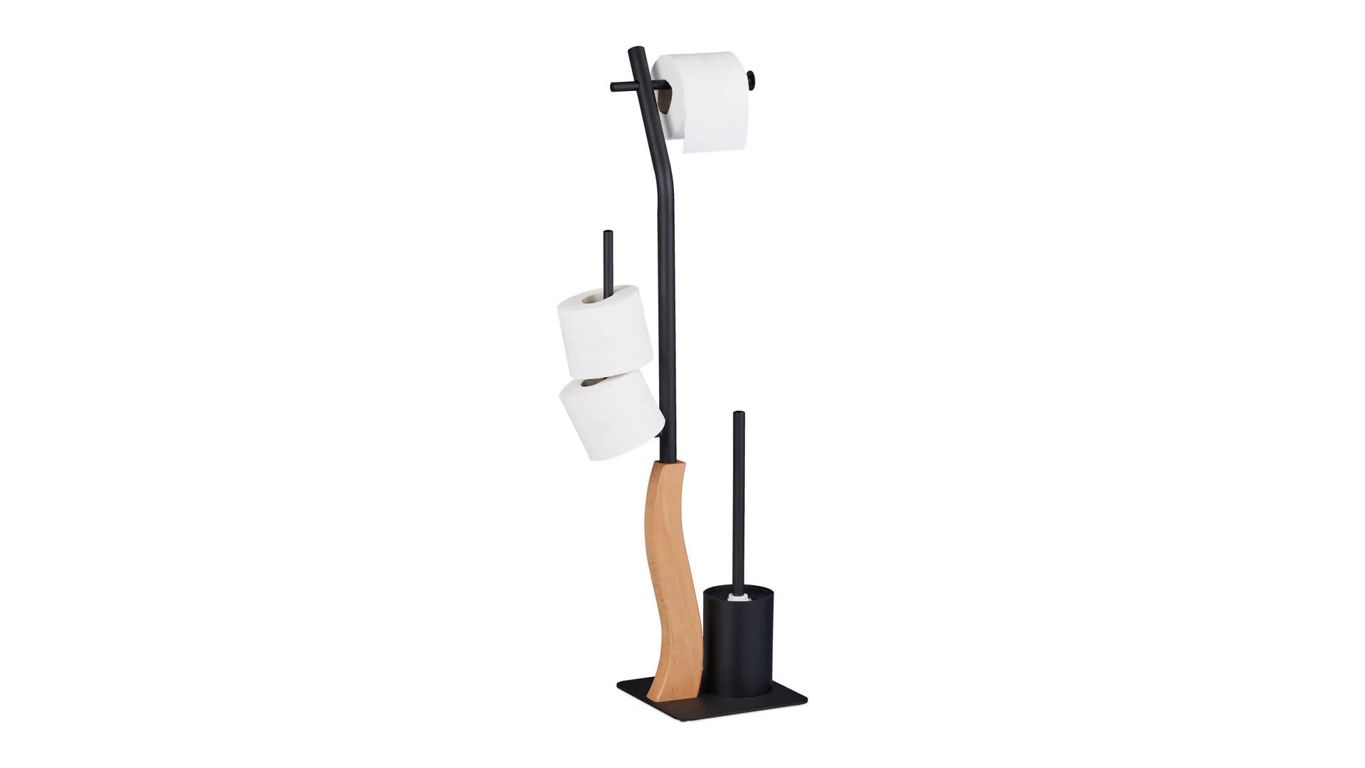 Relaxdays Piantana Bagno 3-in-1: Portarotolo, Portascopino E Ripiano Per Scorta, 87 Cm, Marrone/Nero