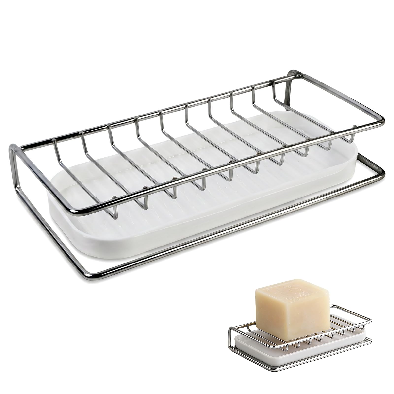 Stainless Steel Soap Dish with Drip Tray, Self Draining Bar Soap Holder for Shower and Bathroom, Multi-Purpose Sponge Holder for Kitchen Sink Countertop Organizer