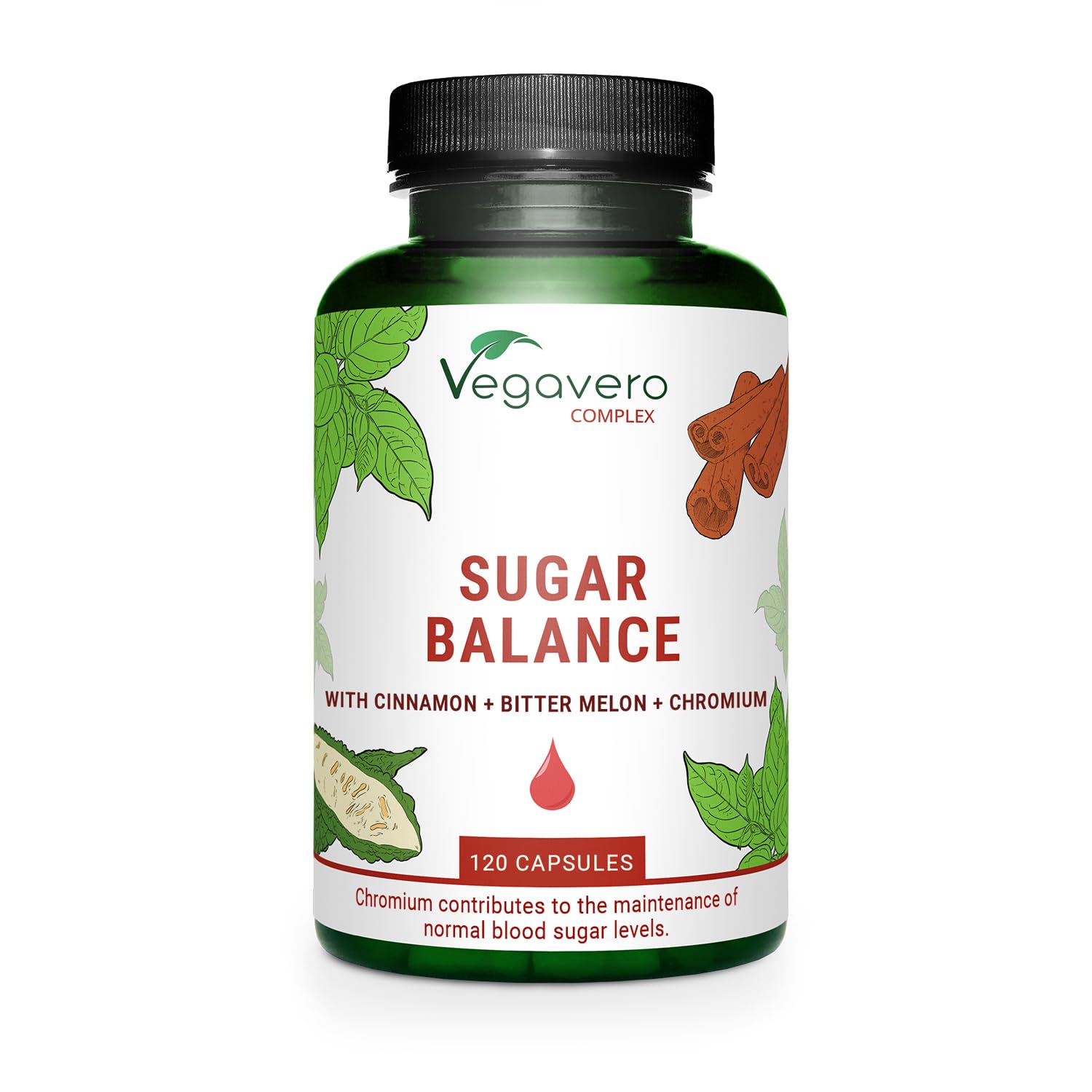 Vegavero Blood Sugar Control | Chromium Picolinate, Ceylon Cinnamon Extract, Momordica Charantia and Gymnema Sylvestre Extract | Blood Glucose Metabolism* | 120 Capsules | Vegan