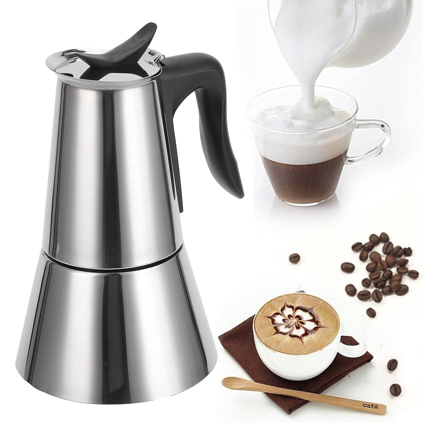 Matybobe Caffettiera Elettrica in Acciaio Inossidabile da 300 Ml Caffettiera per Uso Domestico Bollitore Taglio Sicuro Estrazione di Potenza Maniglia Isolante 480 W 5 Minuti Spegnimento