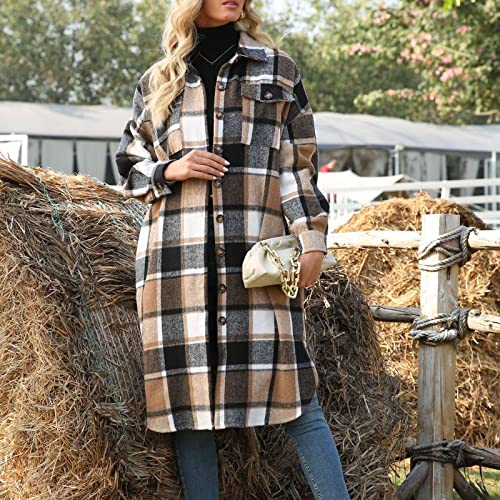 Xaspee Womens Long Plaid Shacket Jacket Casual Fashion Lapel Button Down Long Sleeve Long Plaid Coat with Pockets2