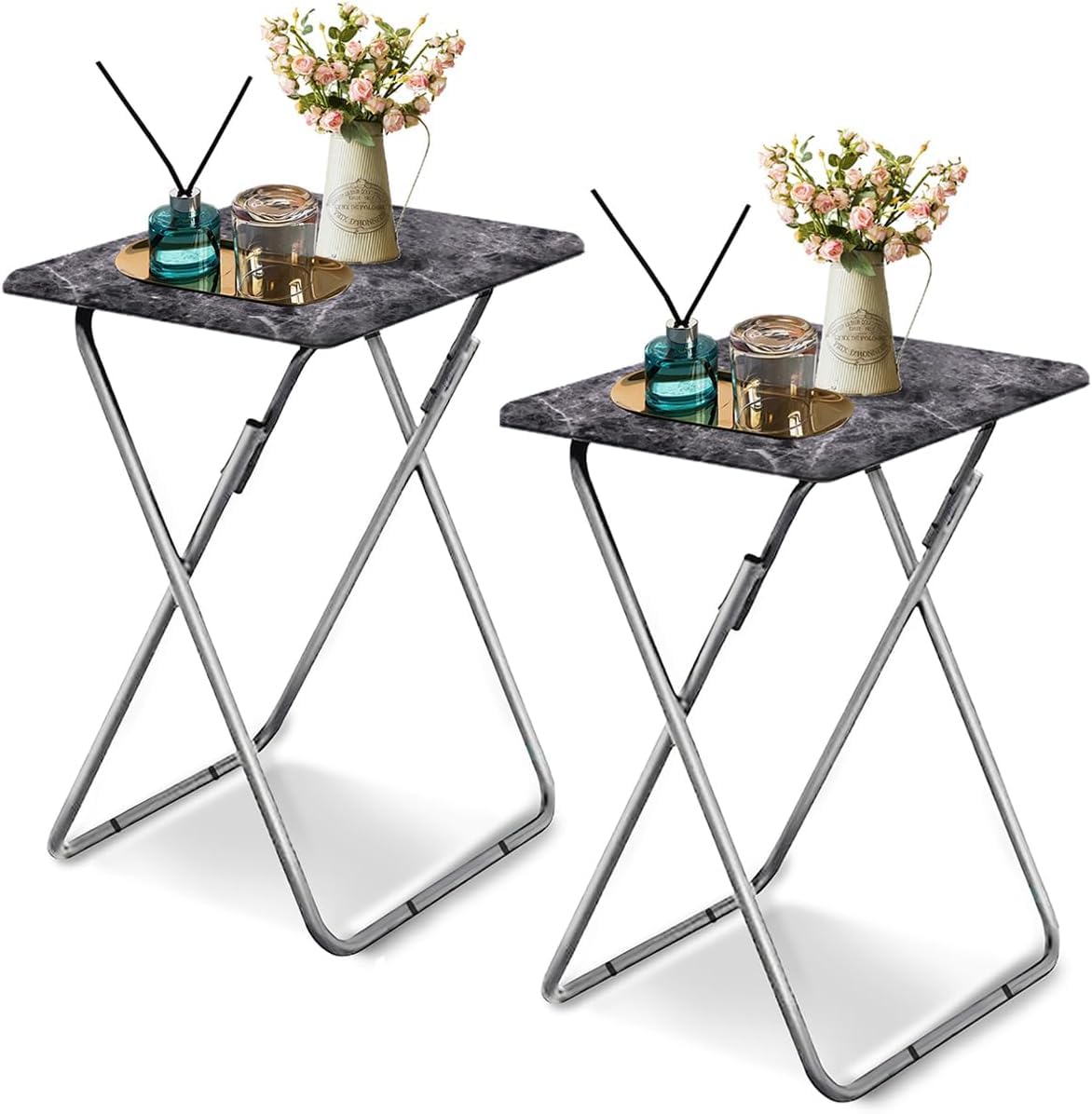 Small Folding Table 2 Set, Side Folding Coffee Table, TV Snack Tray Tables, Sofa Laptop Desk, Outdoor Camping Tables, EndTable, SofaTable, SideTable for Small Space, 47 x 37 x 65 CM (Black)