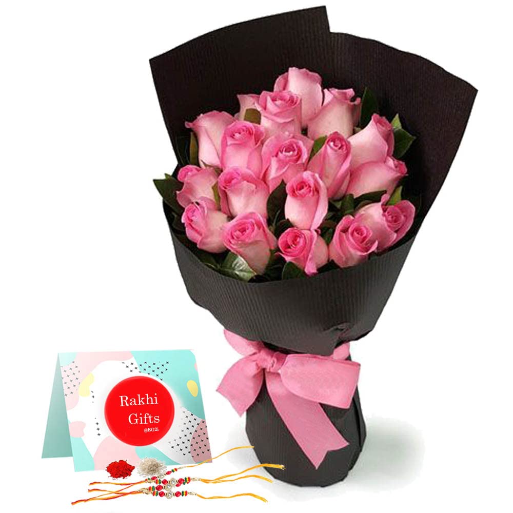 Pink Roses Bouquet with Rakhi-image-0