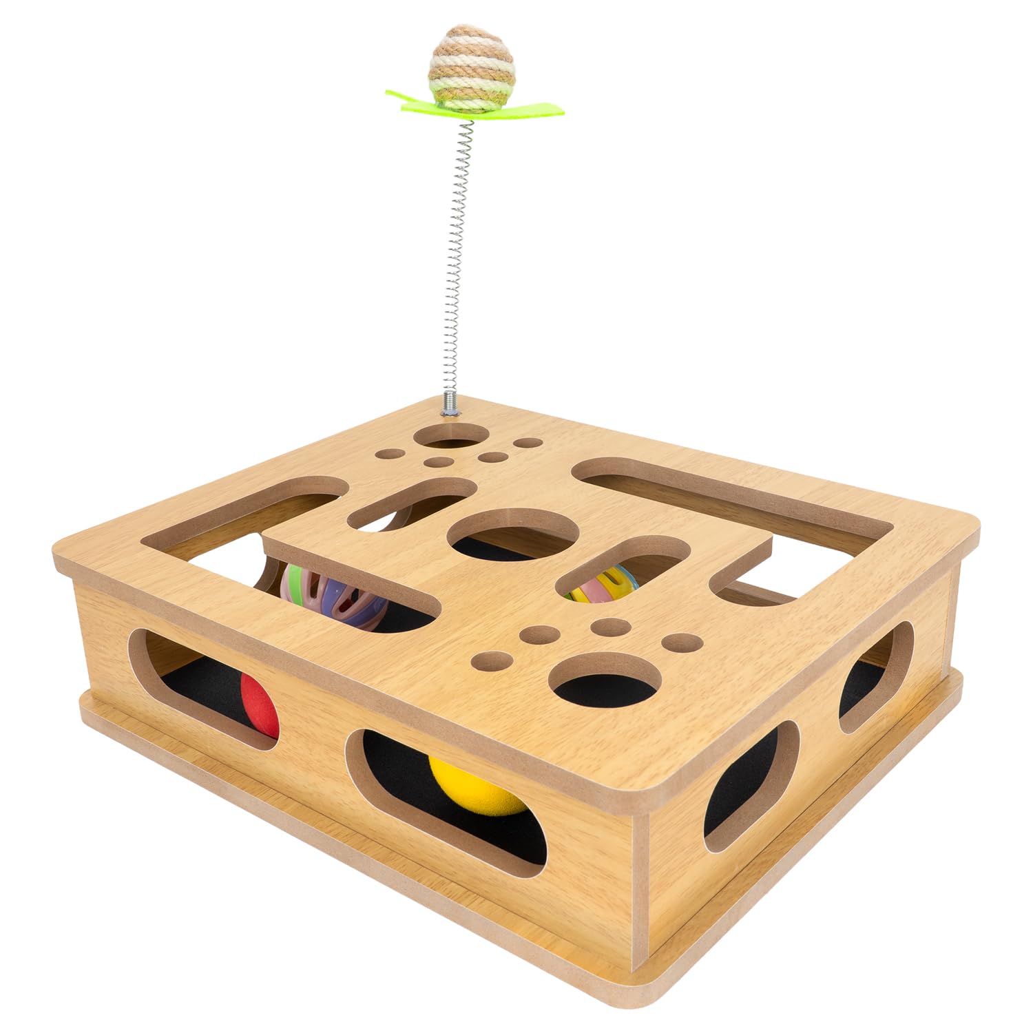 MUCAOL Interactive Wooden Cat Scratch Puzzle Enrichment Box,Cat Toys for Indoor Cats, Features Built in Sandpaper to Help Trim Claws During Play. (