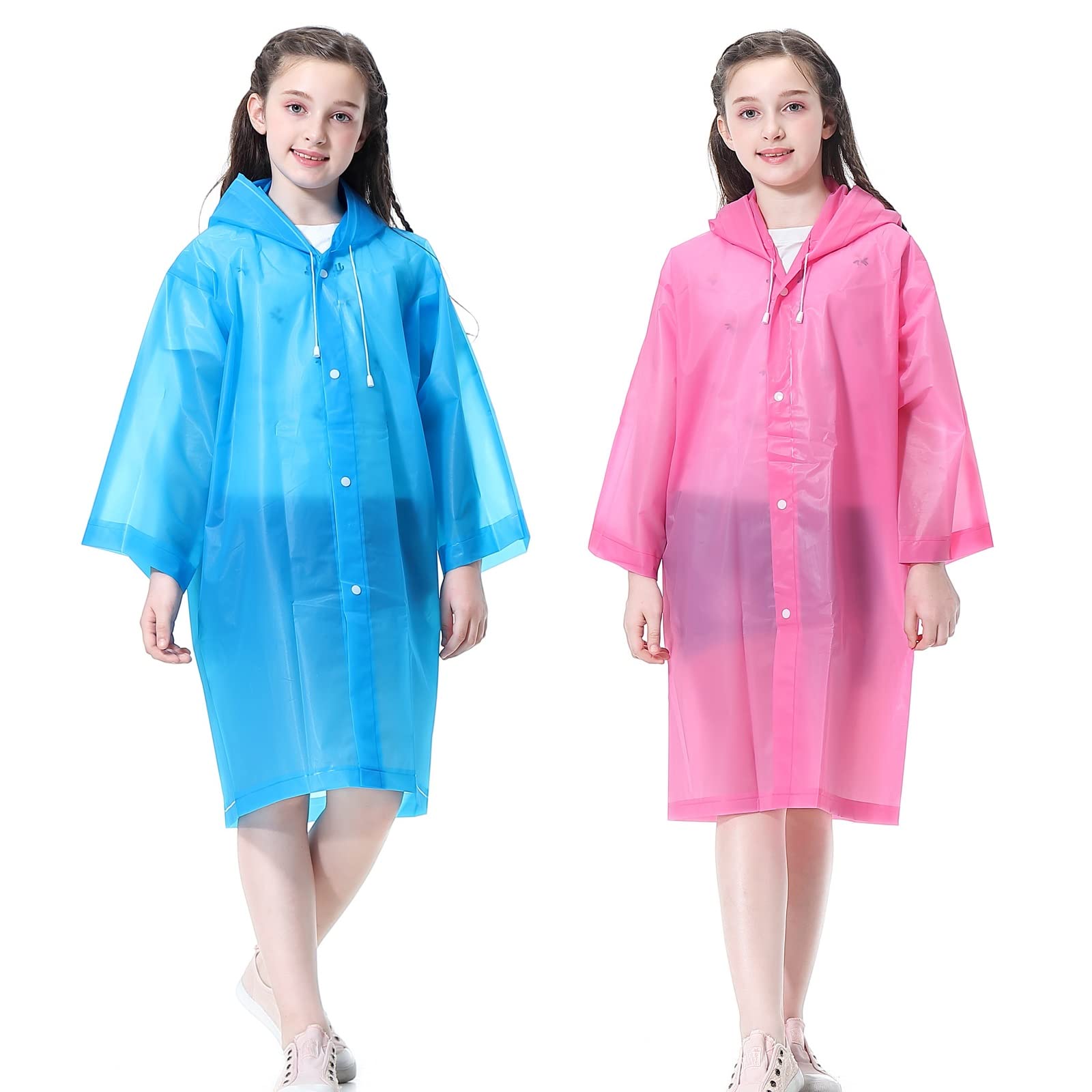 NothersPortable Kids Raincoat (2 Pack ), Reusable EVA Clear Rain Ponchos for Toddler Boys Girls Lightweight Rain Coats with Hood Emergency Rain Gear for Outdoor Activities (Blue+Pink)