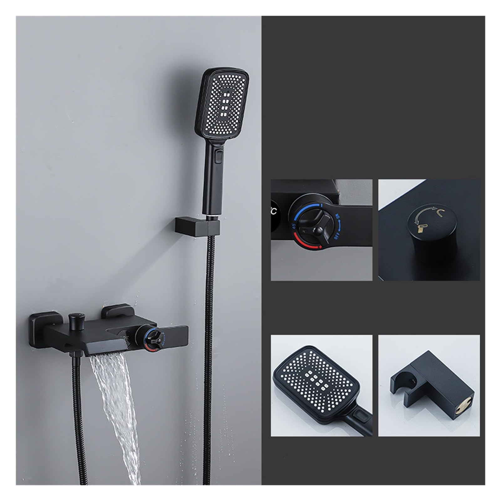 Bathroom Digital Shower Set ，Waterfall Bathtub Mixer Hot and Cold Gun Gray Faucet， Temperature Constant Tap(Thermostatic Black)