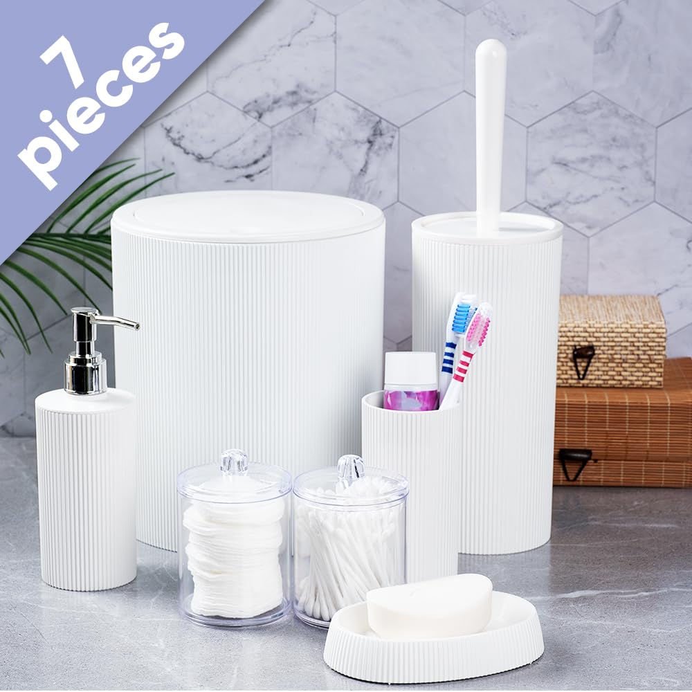 Bathroom Accessories Sets Complete (7 pcs) | Bathroom Accessories Set with Trash Can, Hand Soap Dispenser, Soap Dish, Toothbrush Holder, Qtip Holders, Toilet Brush and Holder (White)