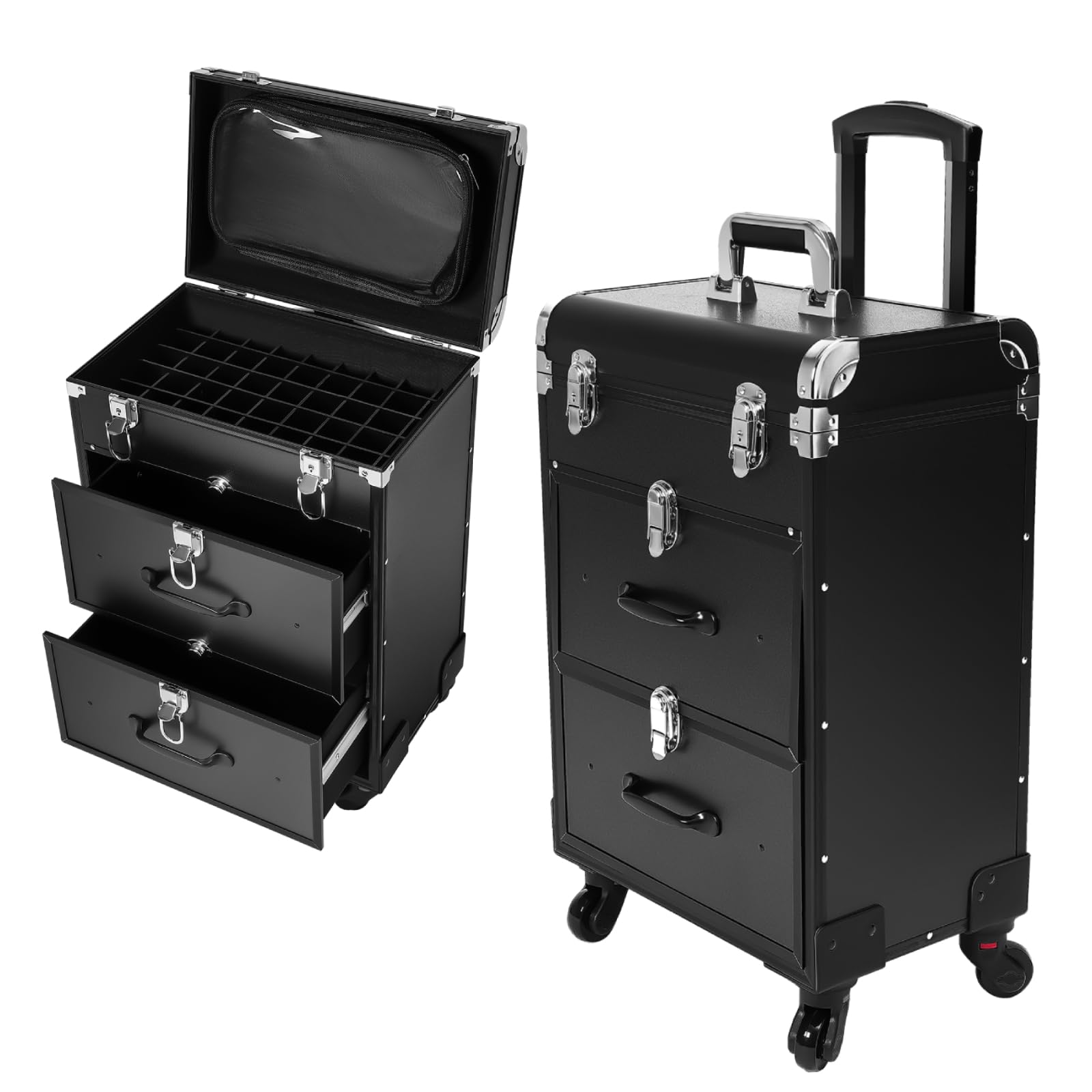 Maletín de cosméticos con 2 cajones y 45 cuadrados, maletín profesional de maquillaje con ruedas, con cerradura, maletín de maquillaje para mujer, para viajes, peluquerías, maquilladores, Negro ,