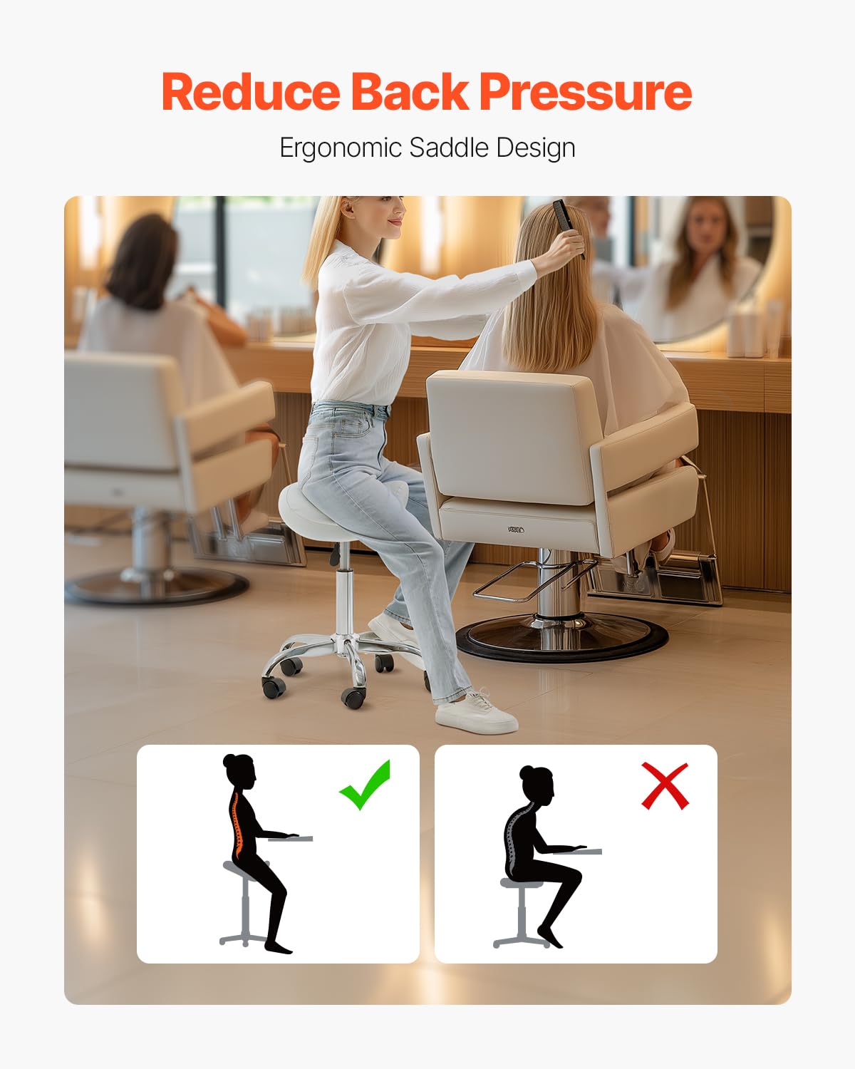 VEVOR Taburete Giratorio de Altura Ajustable de 55-71 cm, Carga de 204 kg, Taburete de Trabajo, Silla de Montar Giratoria Ergonómica de Cuero de PU Engrosada para Salón SPA Clínica de Masaje, Blanco