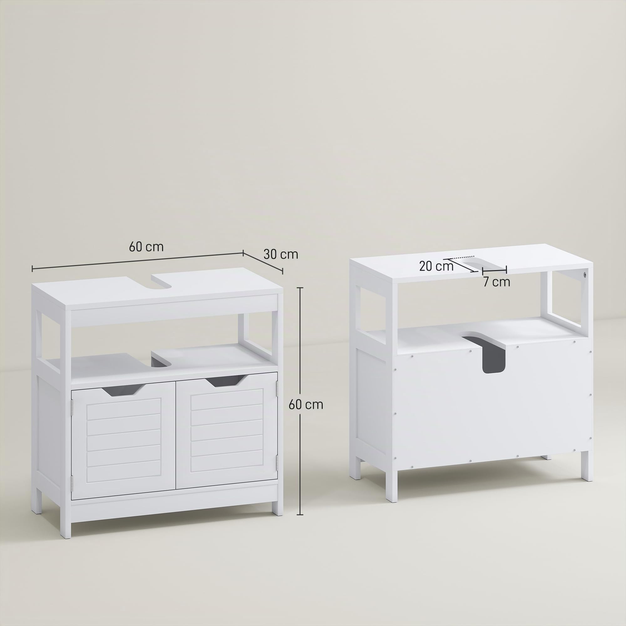 kleankin Armario para Debajo de Lavabo con Estante 60x30x60 cm Blanco | Gabinete de Baño, 2 Puertas de Almacenamiento, Dispositivo Antivuelco, Resistente a la Humedad