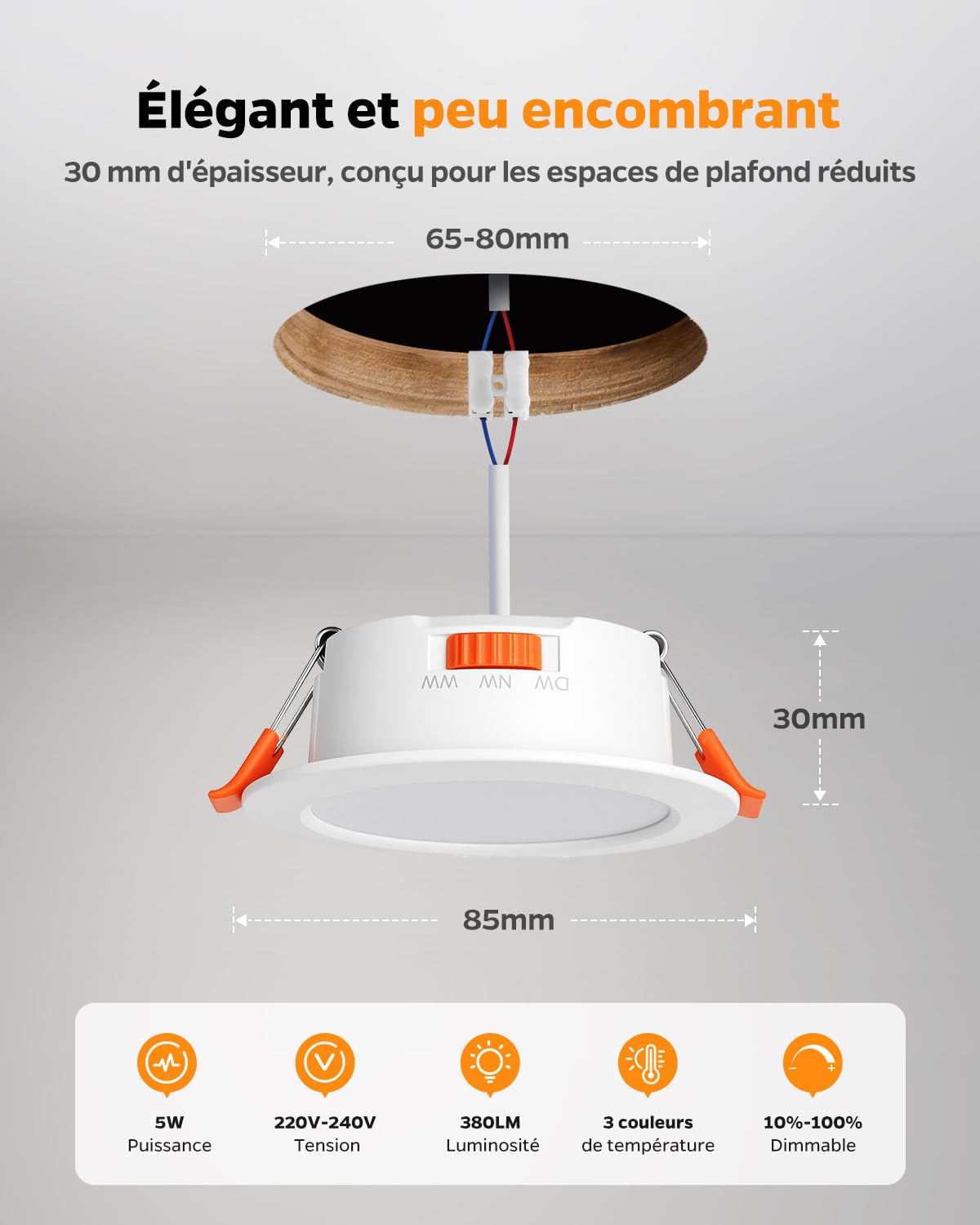 Sanyoung Spot LED Encastrable Dimmable 5W, Blanc Chaud Neutre Froid, Trou 65-80mm, IP44, Lot de 10