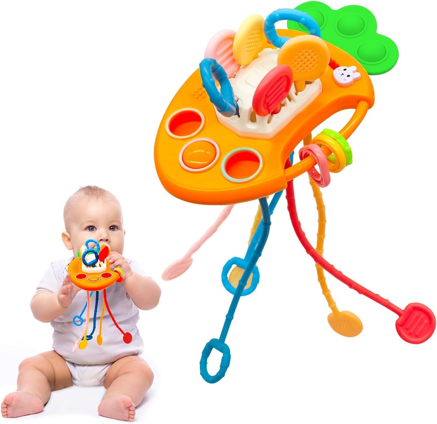 FunBlast Pull String Toy for Babies Teething Strings Sensory Montessori Toys Baby Girl, Boys Travel Toy for 6+Months Boy Food Grade Silicone Fine Motor Skills Toys for Toddlers (Carrot)-image-36