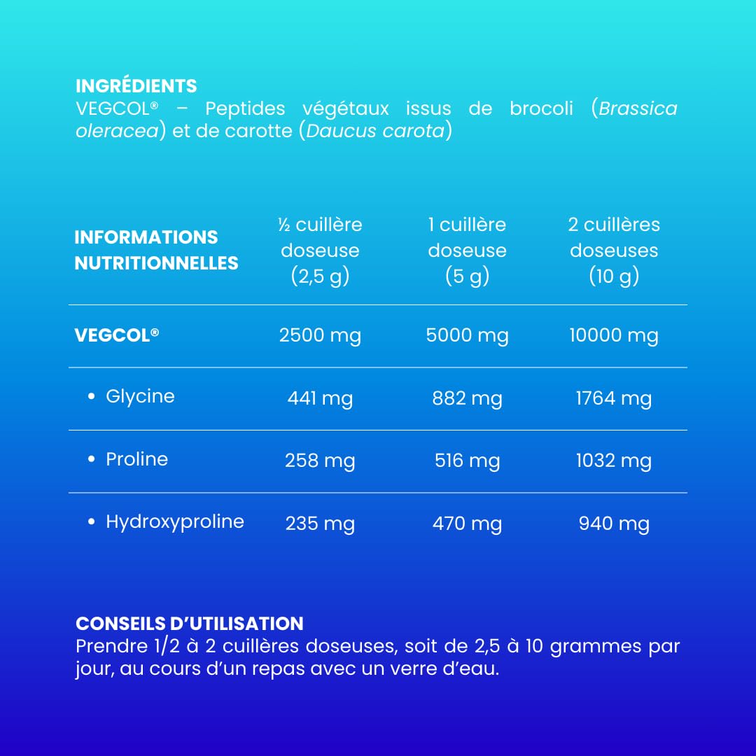 Colágeno vegano VEGCOL®, una alternativa al colágeno marino, para una piel hidratada, un cabello sedoso y articulaciones fuertes. Tratamiento de 50 días, 125 gramos, colágeno hidrolizado tipos 1 y 3