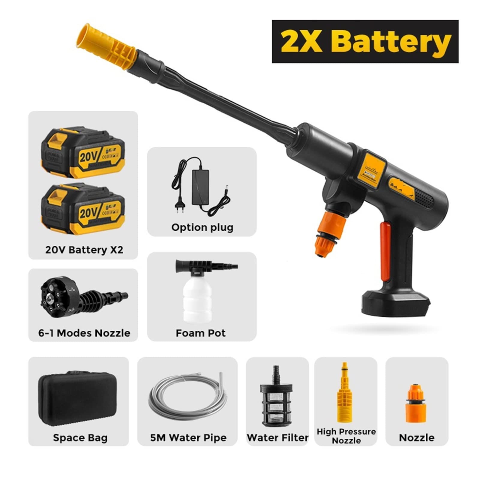 200Bar Wysokociśnieniowa Myjnia Samochodowa Pistolet Generator Piany Pistolet Na Wodę Środek Czyszczący W Sprayu Myjnia Samochodowa Do Akumulatora 18V,Łatwe Czyszczenie(With 2 battery)
